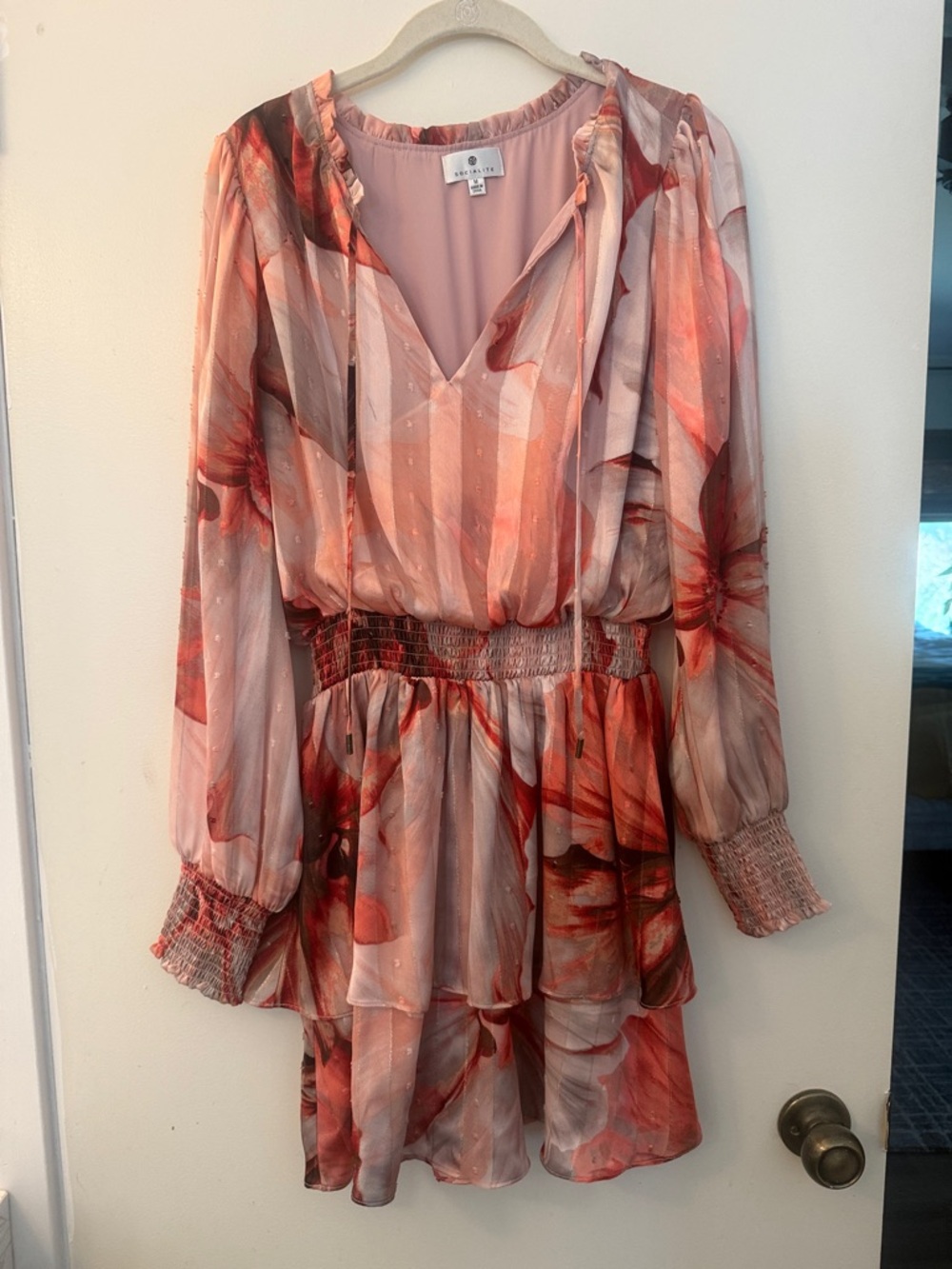 Socialite Coral Pink Floral Long-Sleeve Tiered Dress